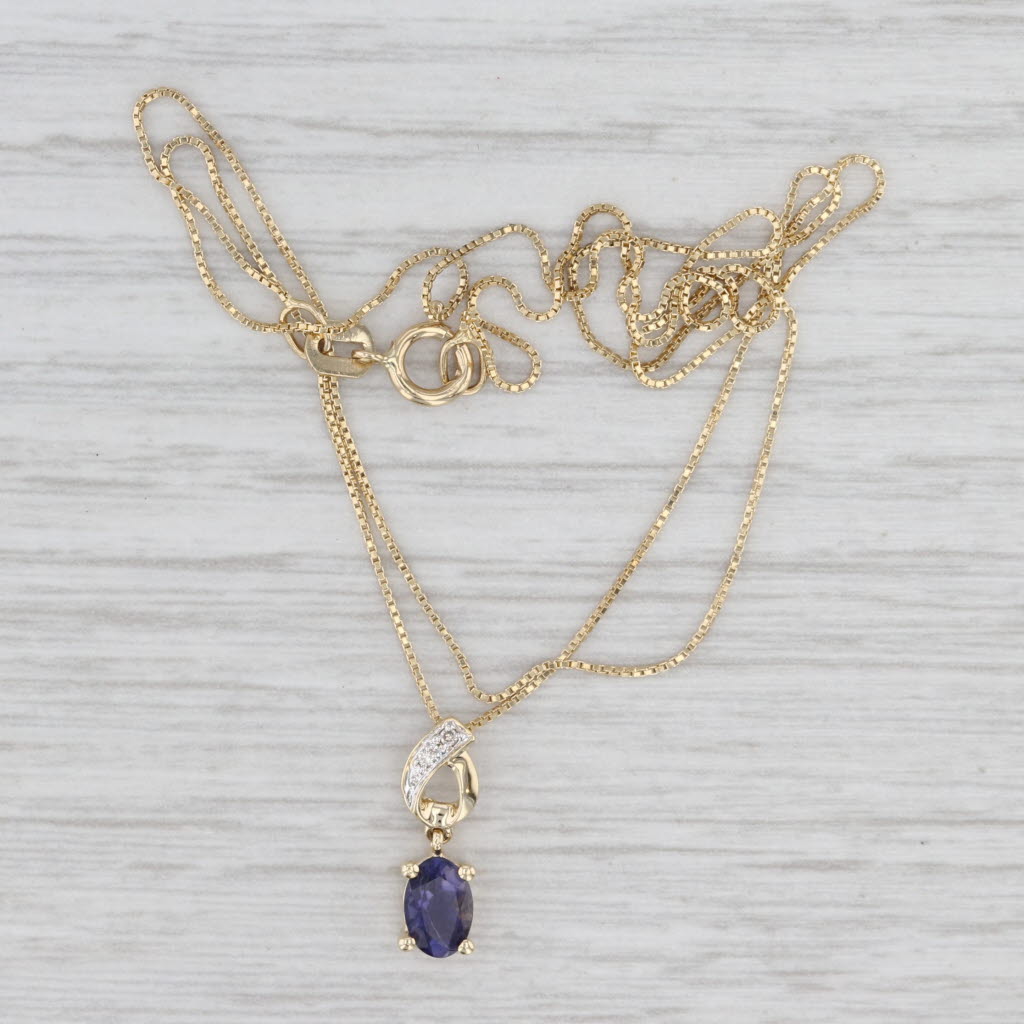 Light Gray 0.30ct Blue Iolite Diamond Pendant 14k Yellow Gold 17" Box Chain