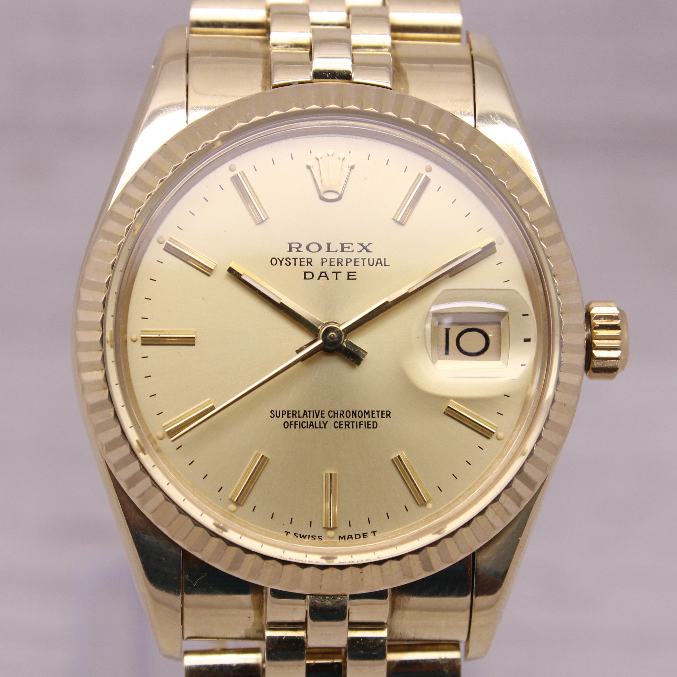 Rosy Brown Vintage 1981 Rolex Date 15037 34mm 14k Yellow Gold Automatic Watch Box Papers