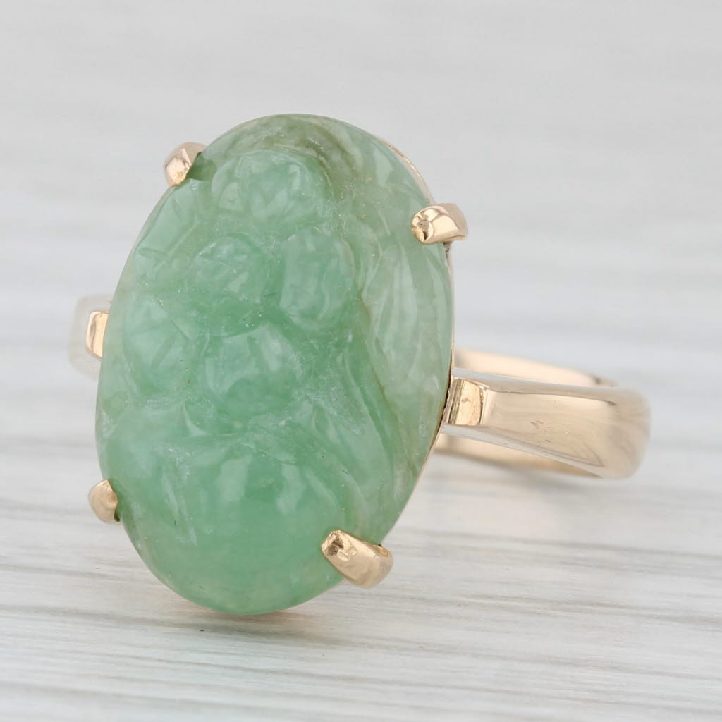 Gray Vintage Carved Floral Green Jadeite Jade Ring 14k Gold Size 5.5 Oval Cabochon