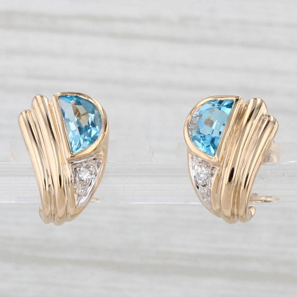 Light Gray Half Moon Blue Topaz Diamond Stud Earrings 14k Yellow Gold