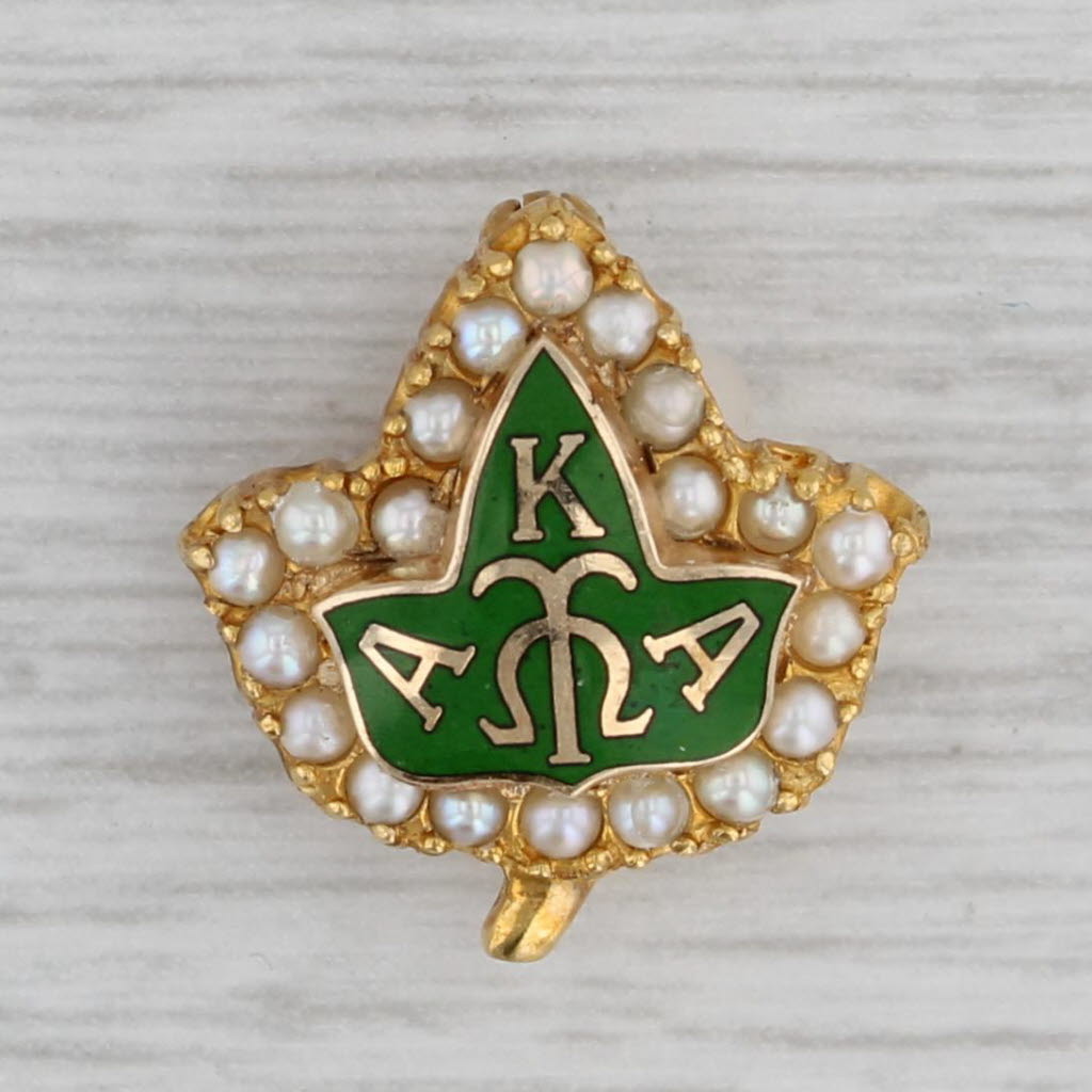 Alpha Kappa Alpha Sorority Leaf Pin 10k Gold Pearl Enamel Vintage Gree