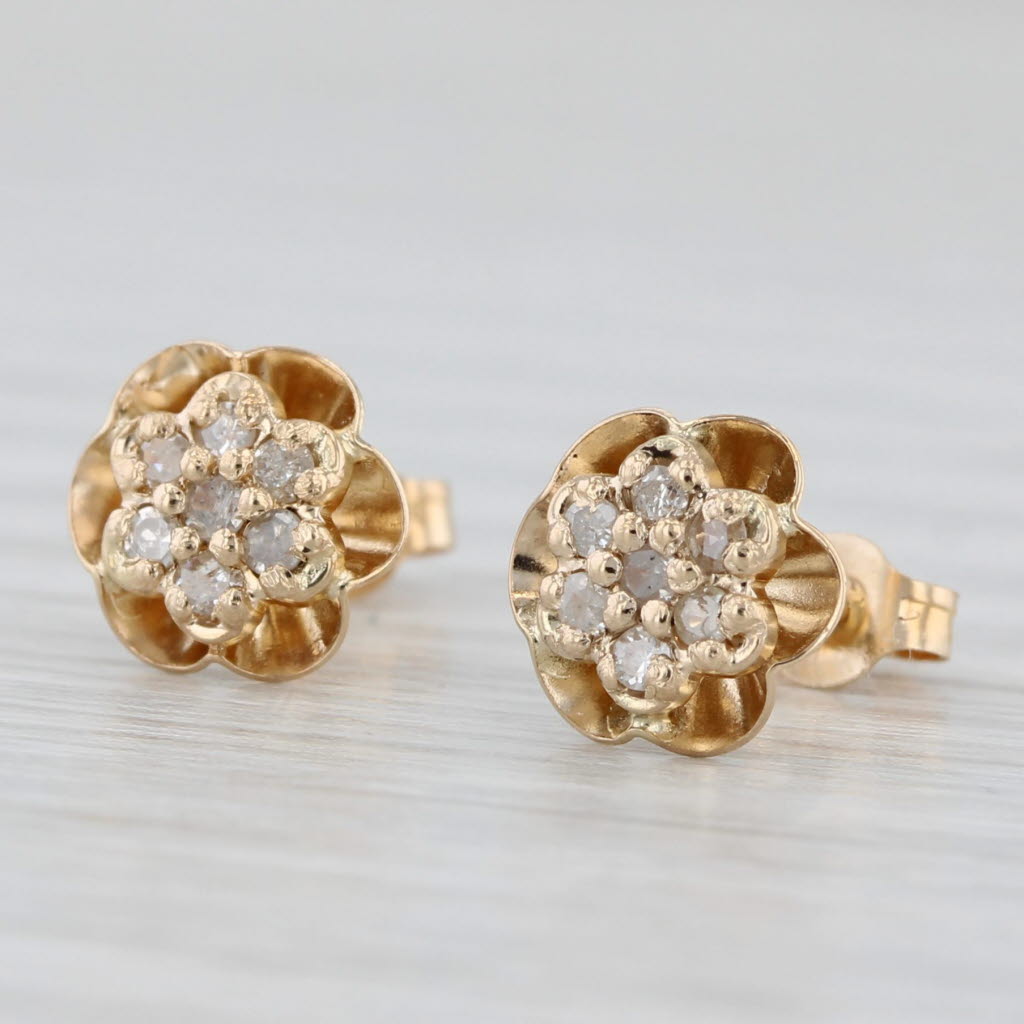 Light Gray 0.10ctw Diamond Cluster Flower Stud Earrings 14k Yellow Gold