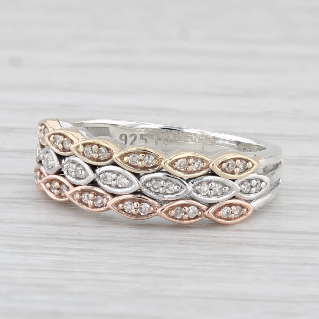 Light Gray 3-Band Stackable Design Diamond Ring Sterling Silver 10k Yellow Rose Gold