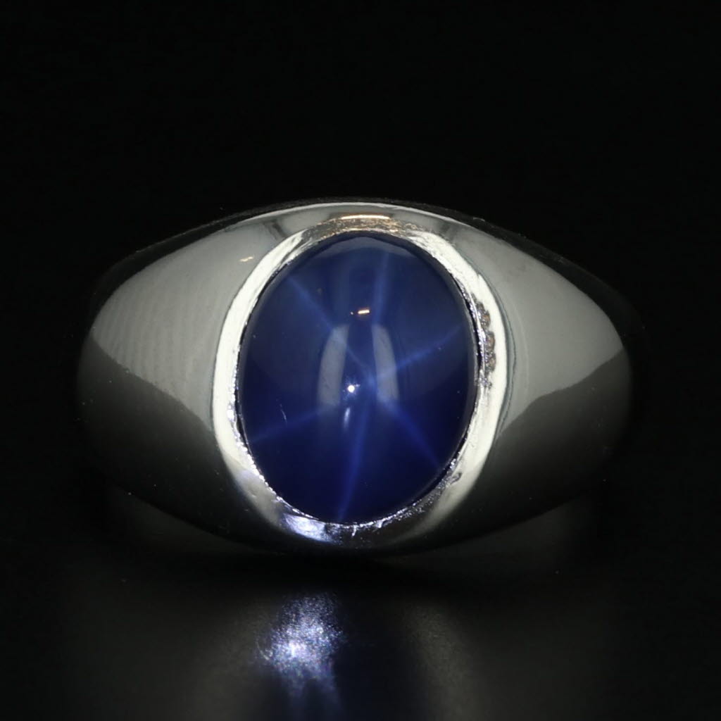 Black Lab Created Star Sapphire Ring 18k White Gold Size 5.5 Oval Cabochon Solitaire