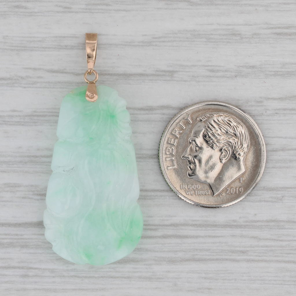 Gray Carved Marbled Green Jadeite Jade Pendant 14k Yellow Gold