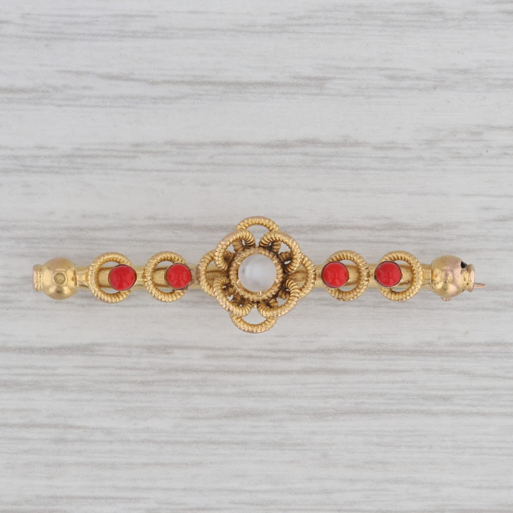 Gray Antique Cats Eye Red Glass Beads Floral Bar Pin 14k-18k Yellow Gold Brooch