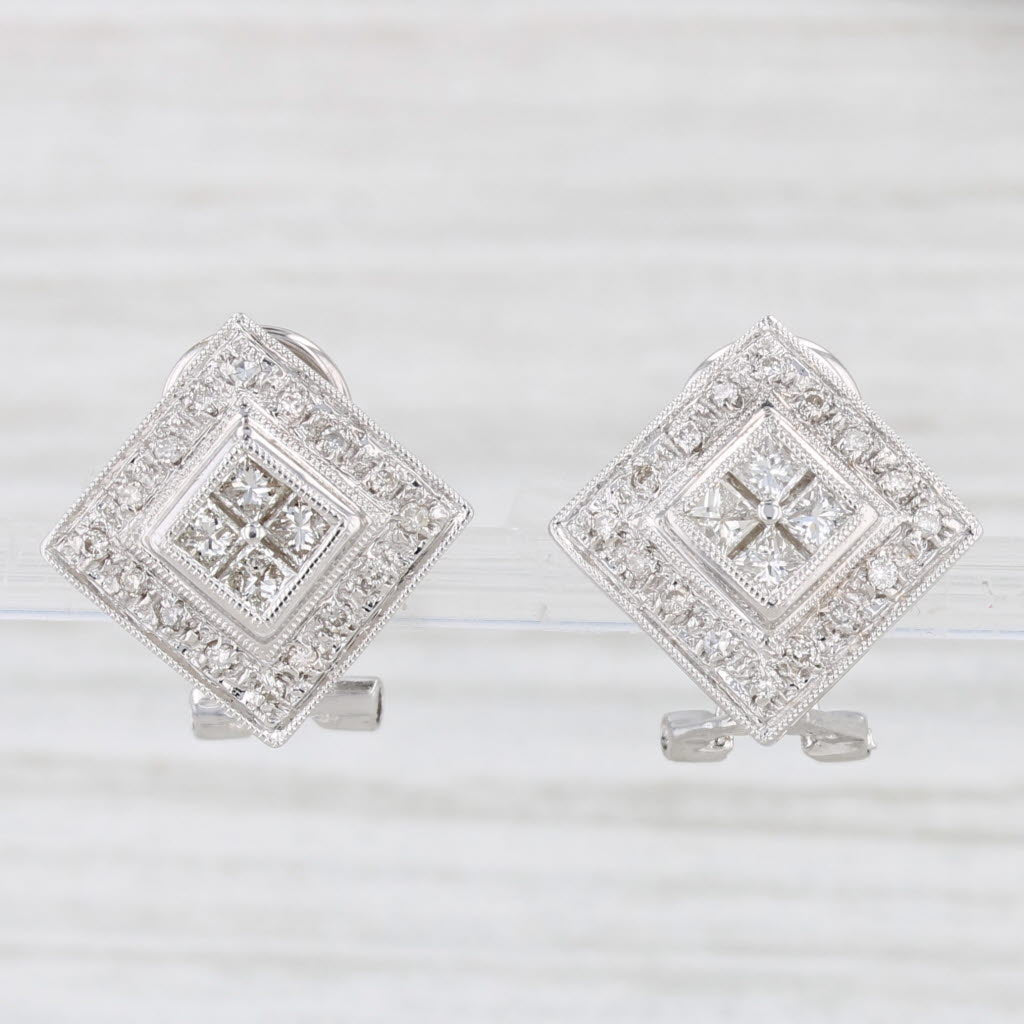 Light Gray 0.76ctw Diamond Square Halo Stud Earrings 14k Gold Pierced Drops Omega Backs