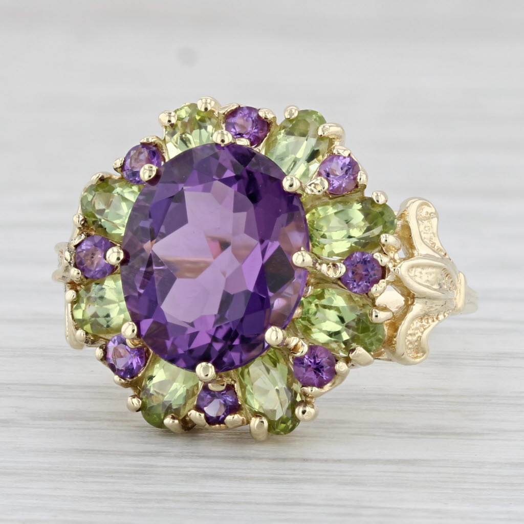 Light Gray 6.70ctw Amethyst Peridot Cocktail Ring 10k Yellow Gold Size 7.75