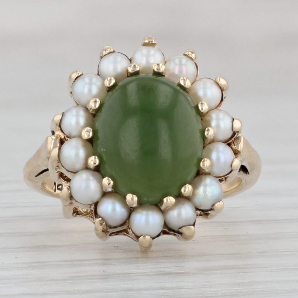 Gray Green Nephrite Jade Cultured Pearl Halo Ring 14k Yellow Gold Size 4.5