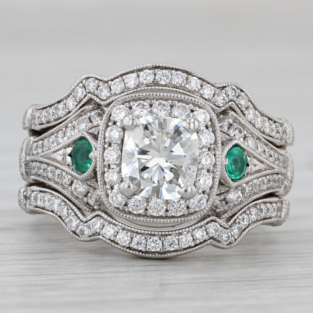 Gray Gabriel Co 1.73ctw Cushion Diamond Emerald Bridal Ring Set 14k Gold Size 5.5 EGL