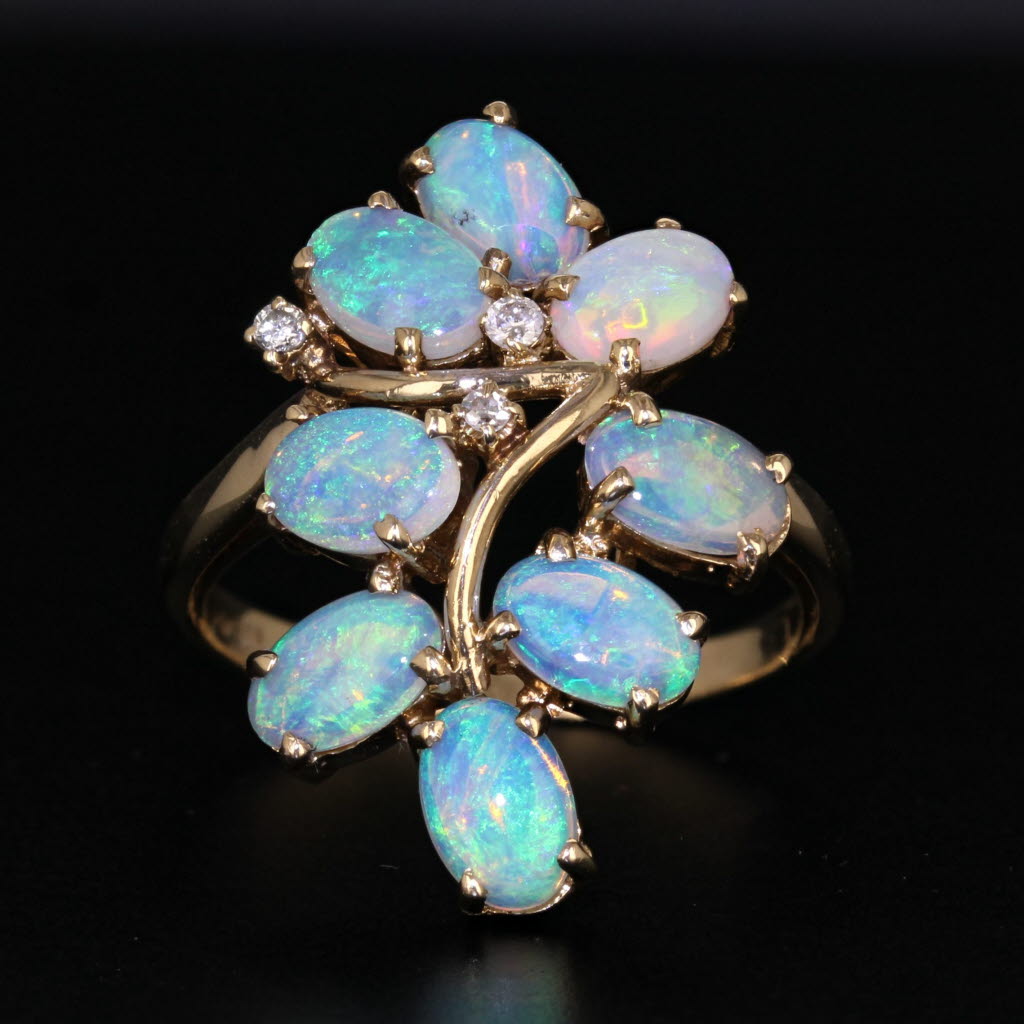 Dark Gray Opal Diamond Cluster Ring 14k Yellow Gold Size 6.5 Cocktail