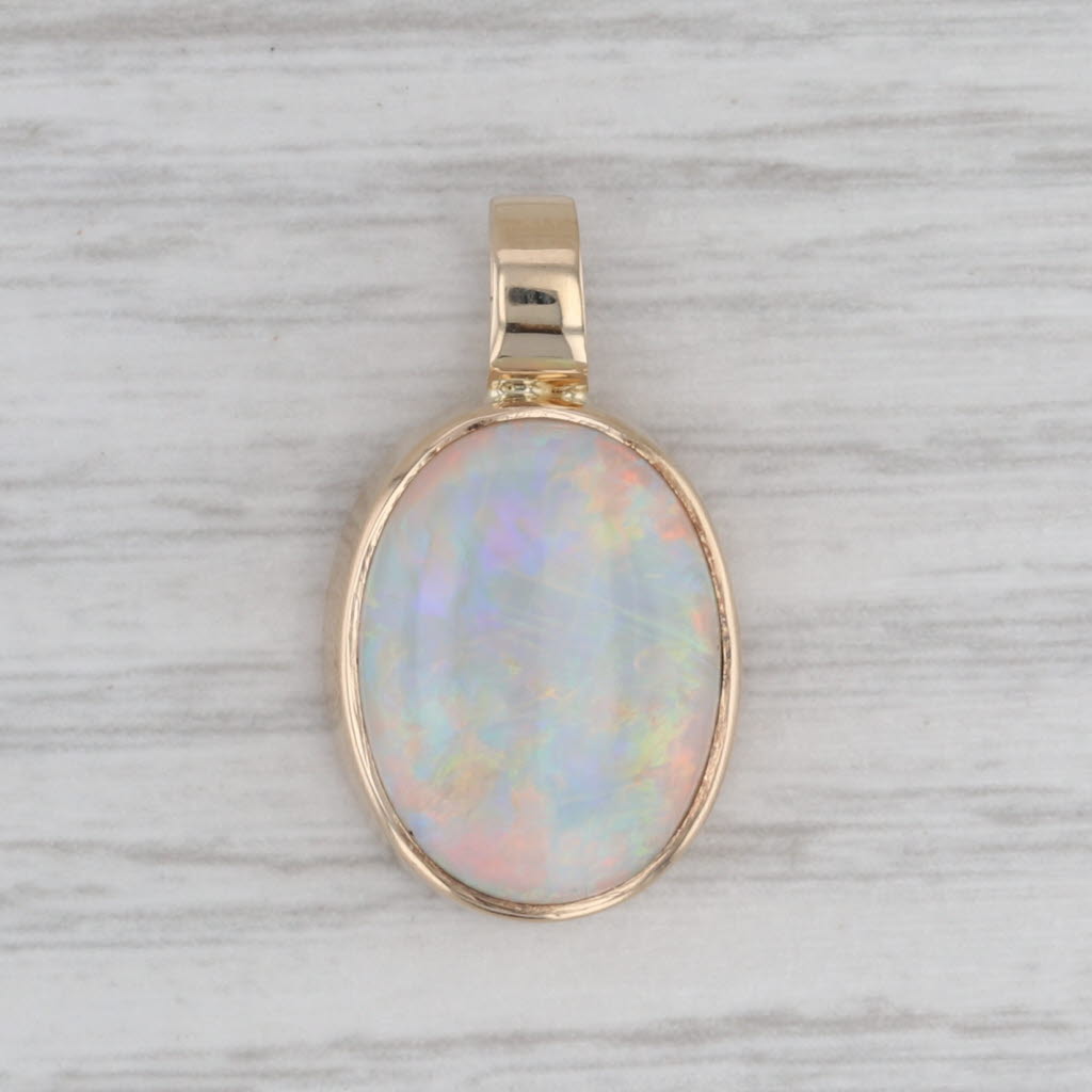 Colorful Opal Pendant 14k Yellow Gold Oval Cabochon Solitaire