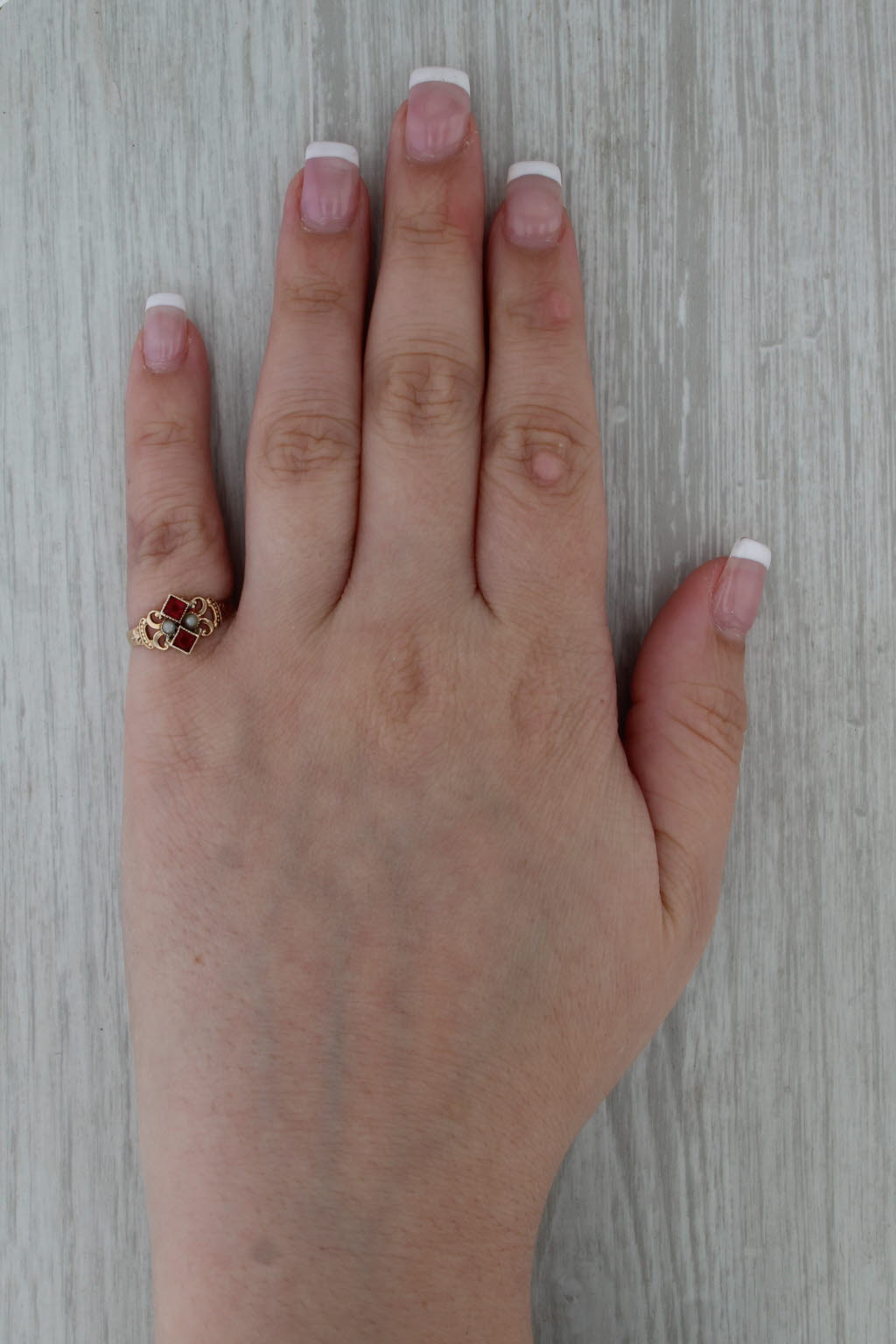 Victorian Antique Glass Imitation Pearl Ring 10k Yellow Gold Size 5.75