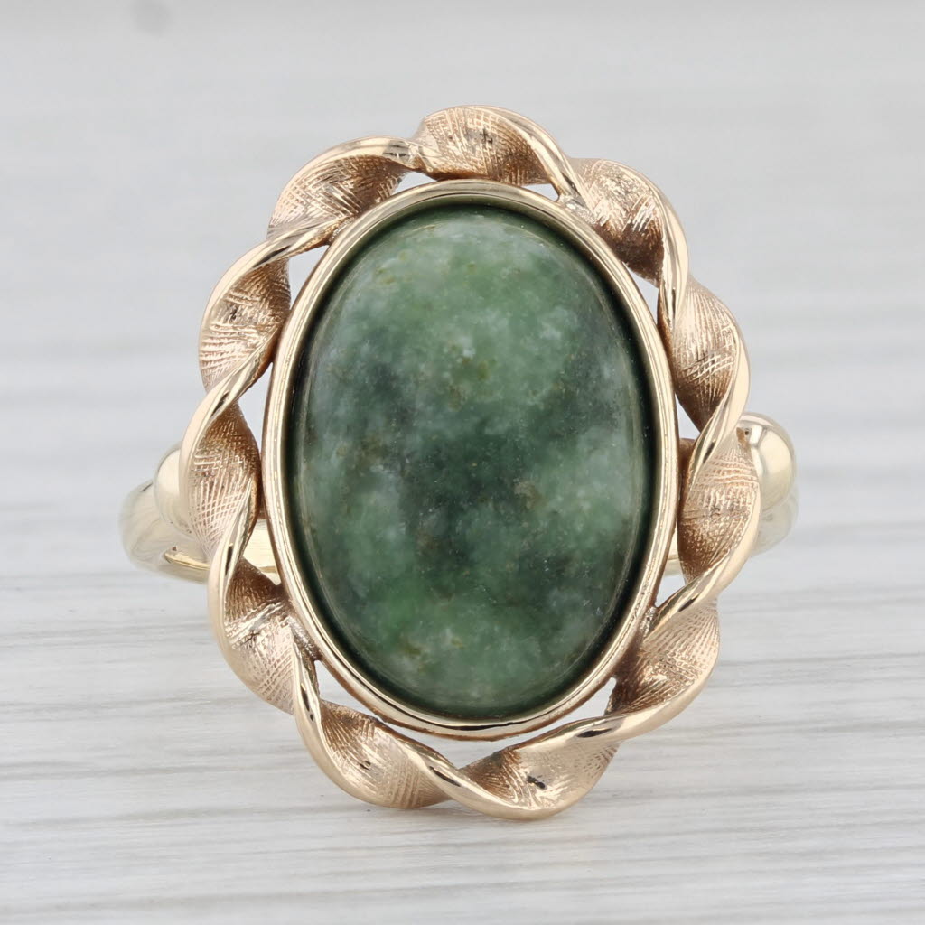 Light Gray Green Nephrite Jade Ring 14k Yellow Gold Oval Cabochon Solitaire Size 5.75