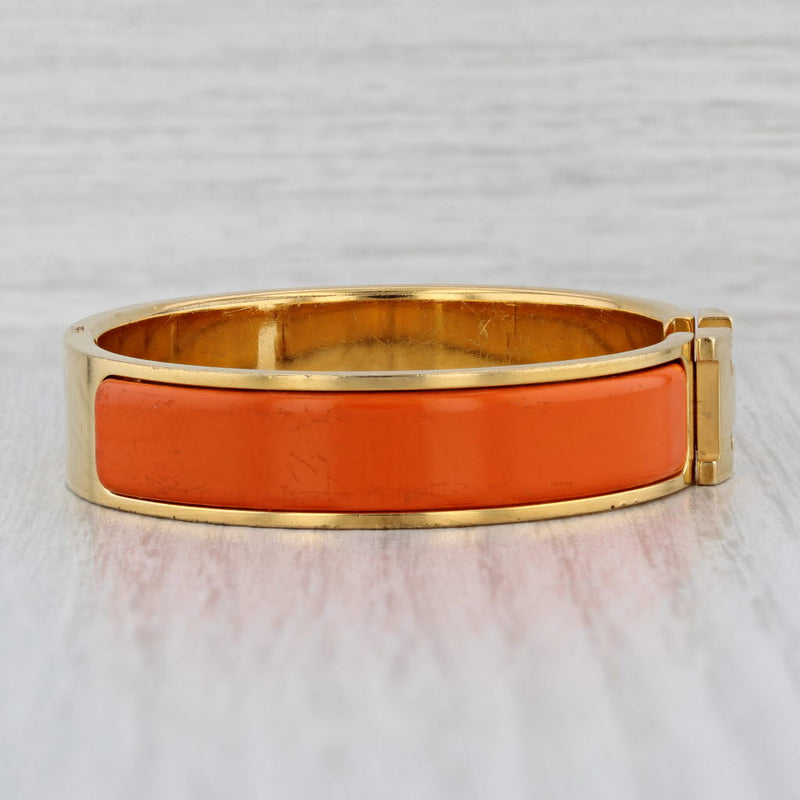 Light Gray Hermes Bangle Bracelet Orange Enamel Click H Designer Statement 6.25"