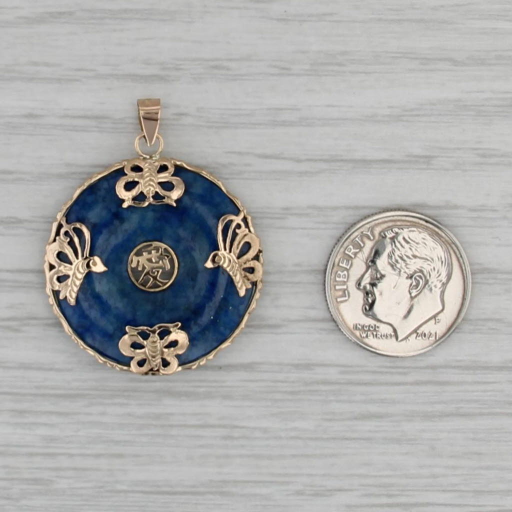 Chinese Ai Love Butterfly Lapis Lazuli Hololith Pendant 14k Yellow Gold