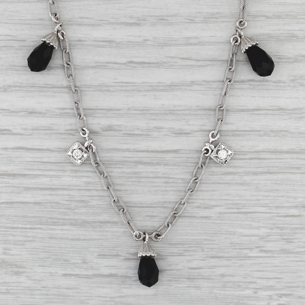 Onyx Diamond Drop Station Necklace 18k White Gold Cable Chain 15.5"