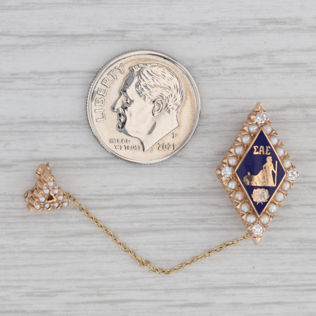 Gray Sigma Alpha Epsilon Badge SAE Pearl 10k Gold Pearls Fraternity Pin Chapter Guard