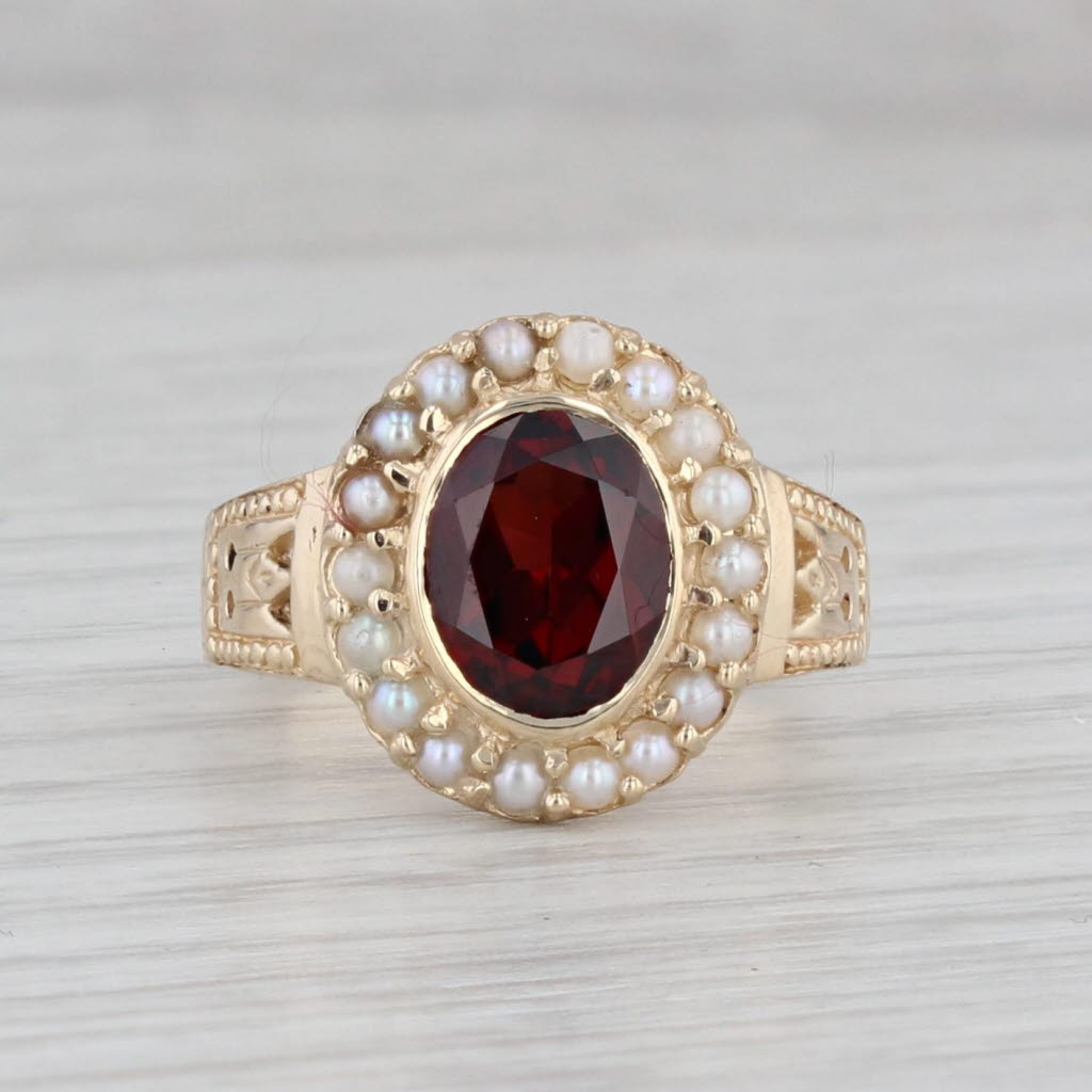 Gray Vintage 2ct Garnet Seed Pearl Halo Ring 14k Yellow Gold Size 6.5