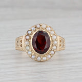 Vintage 2ct Garnet Seed Pearl Halo Ring 14k Yellow Gold Size 6.5