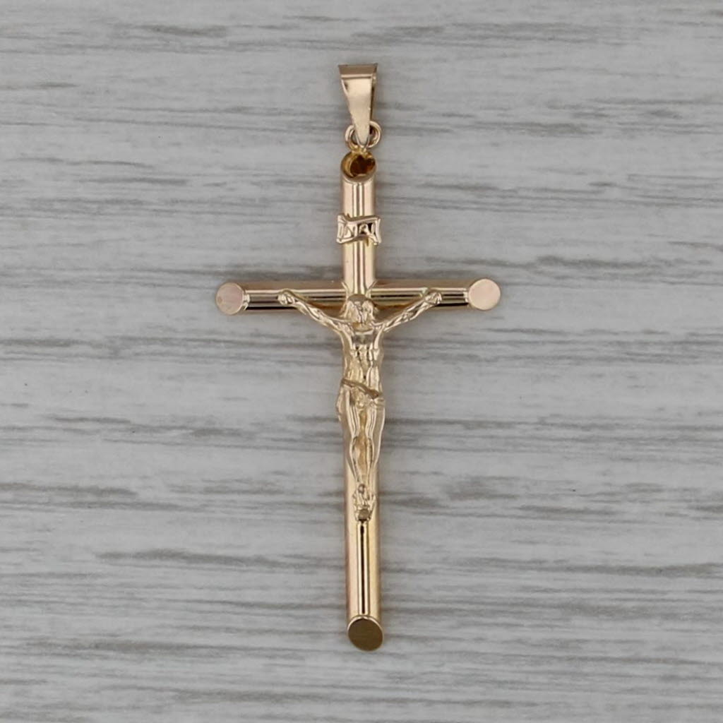 Jesus on the Cross Crucifix Pendant 14k Yellow Gold Estate Religious Figural