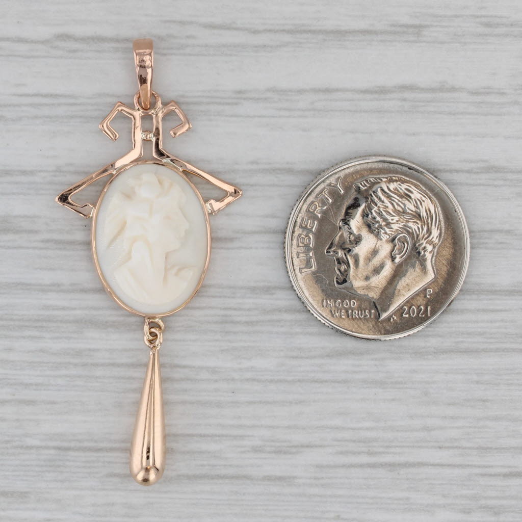 Gray Vintage Carved Shell Cameo Pendant 10k Rose Gold Lariat