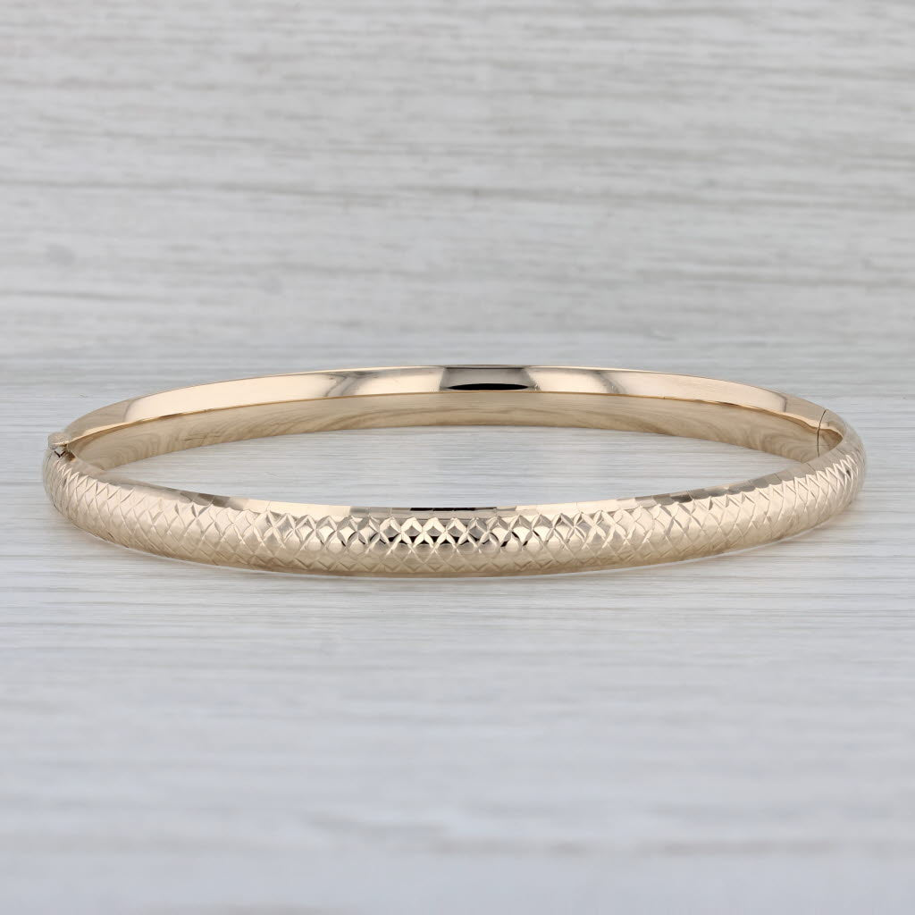 Gray Crosshatch Pattern Bangle Bracelet 14k Yellow Gold 8" 6mm Hinged Snap Clasp
