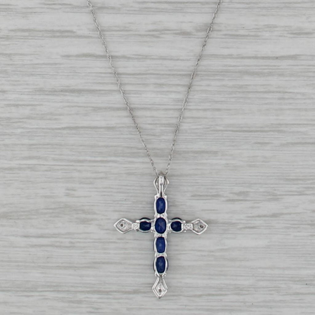 1.12ctw Lab Created Blue Sapphire Diamond Cross Pendant Necklace 18" Rope Chain