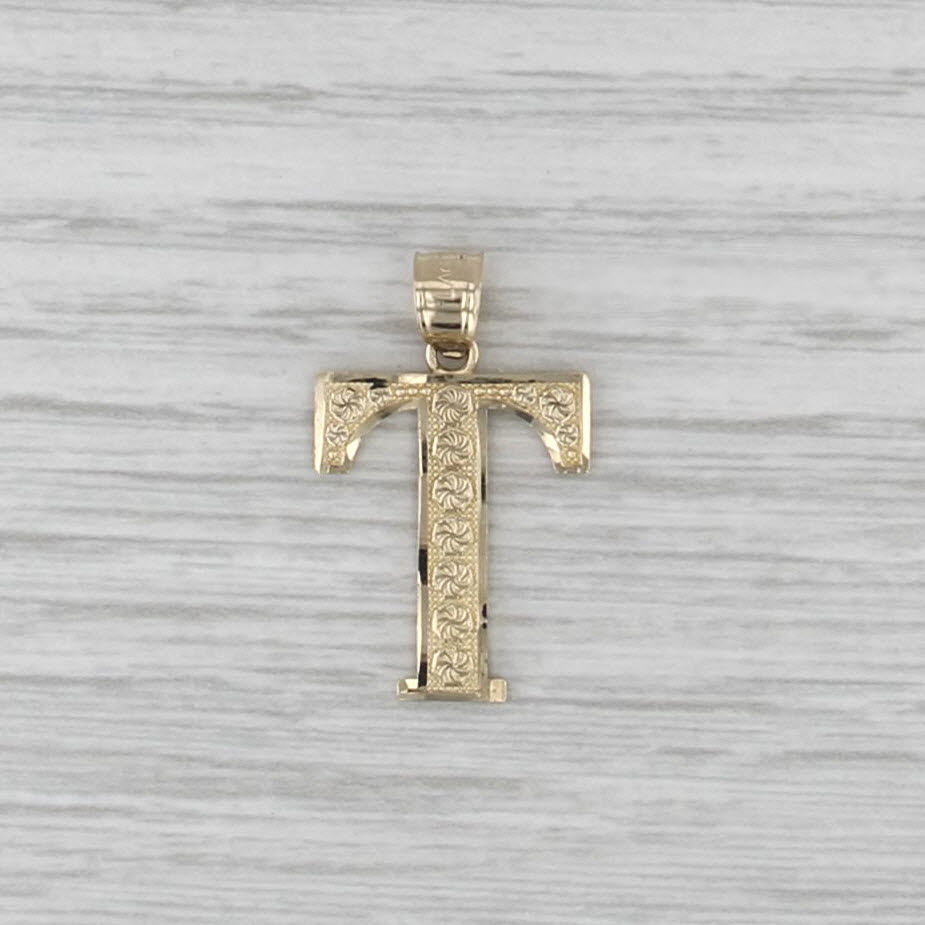 Textured Pattern Letter Initial "T" Pendant 10k Yellow Gold