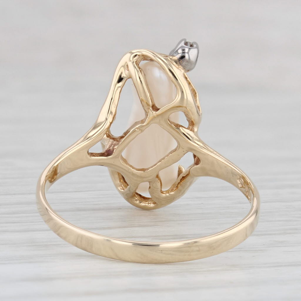 Light Gray Baroque Freshwater Pearl Diamond Ring 10k Yellow Gold Size 7