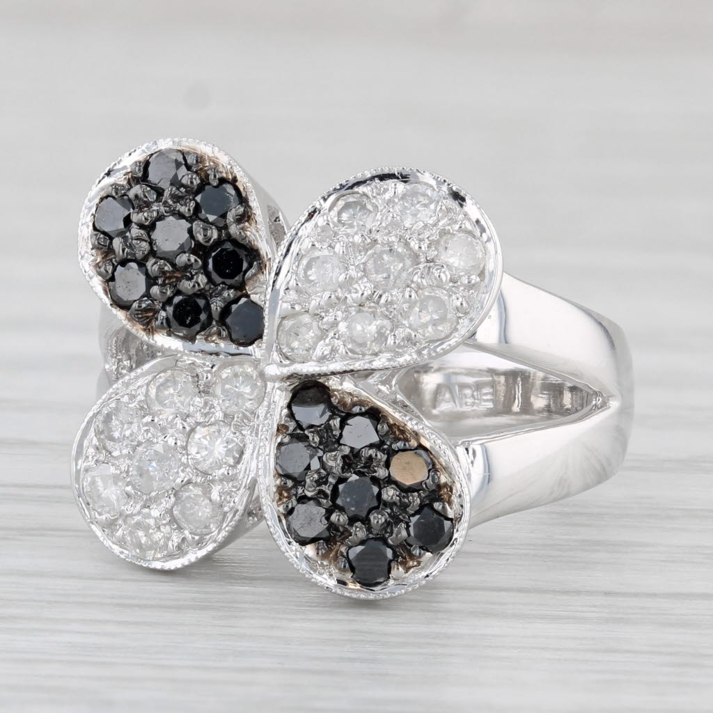 Light Gray 0.50ctw Black White Pave Diamond Flower Ring 14k White Gold Size 7 Cocktail