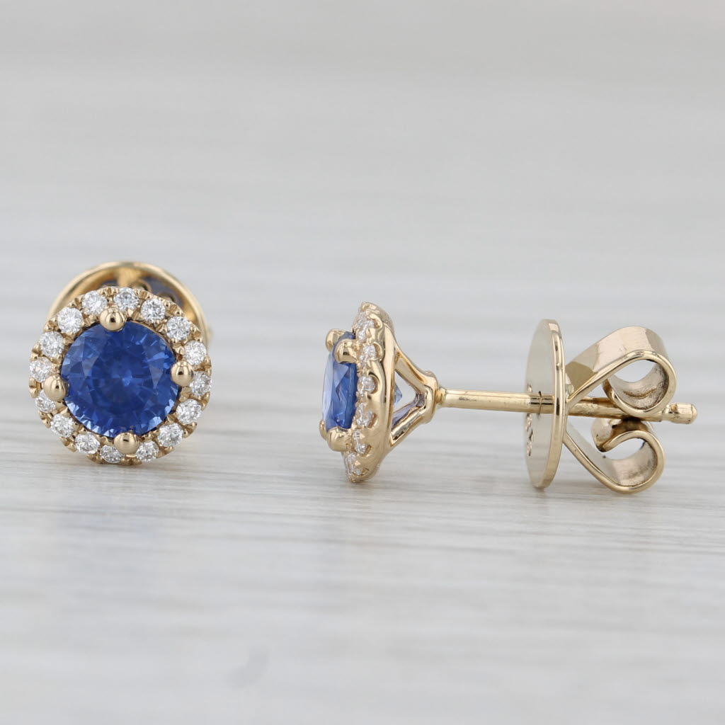 Light Gray 1.30ctw Blue Sapphire Diamond Halo Stud Earrings 14k Yellow Gold Screw Back