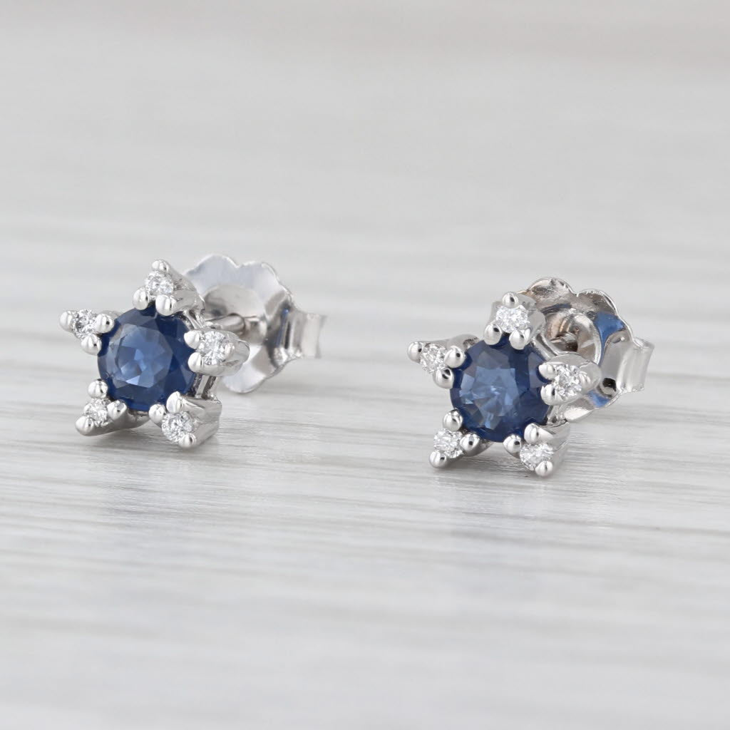 0.78ctw Blue Sapphire Diamond Flower Star Stud Earrings 14k White Gold Studs