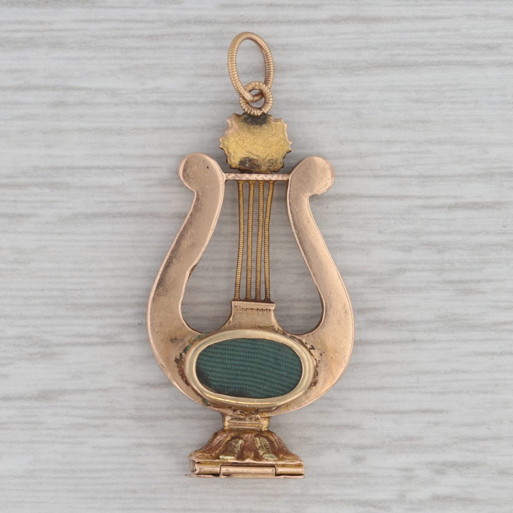 Gray Antique Lyre Figurine Charm 16-17k Gold Turquoise Pendant 1800s Floral D'amitie