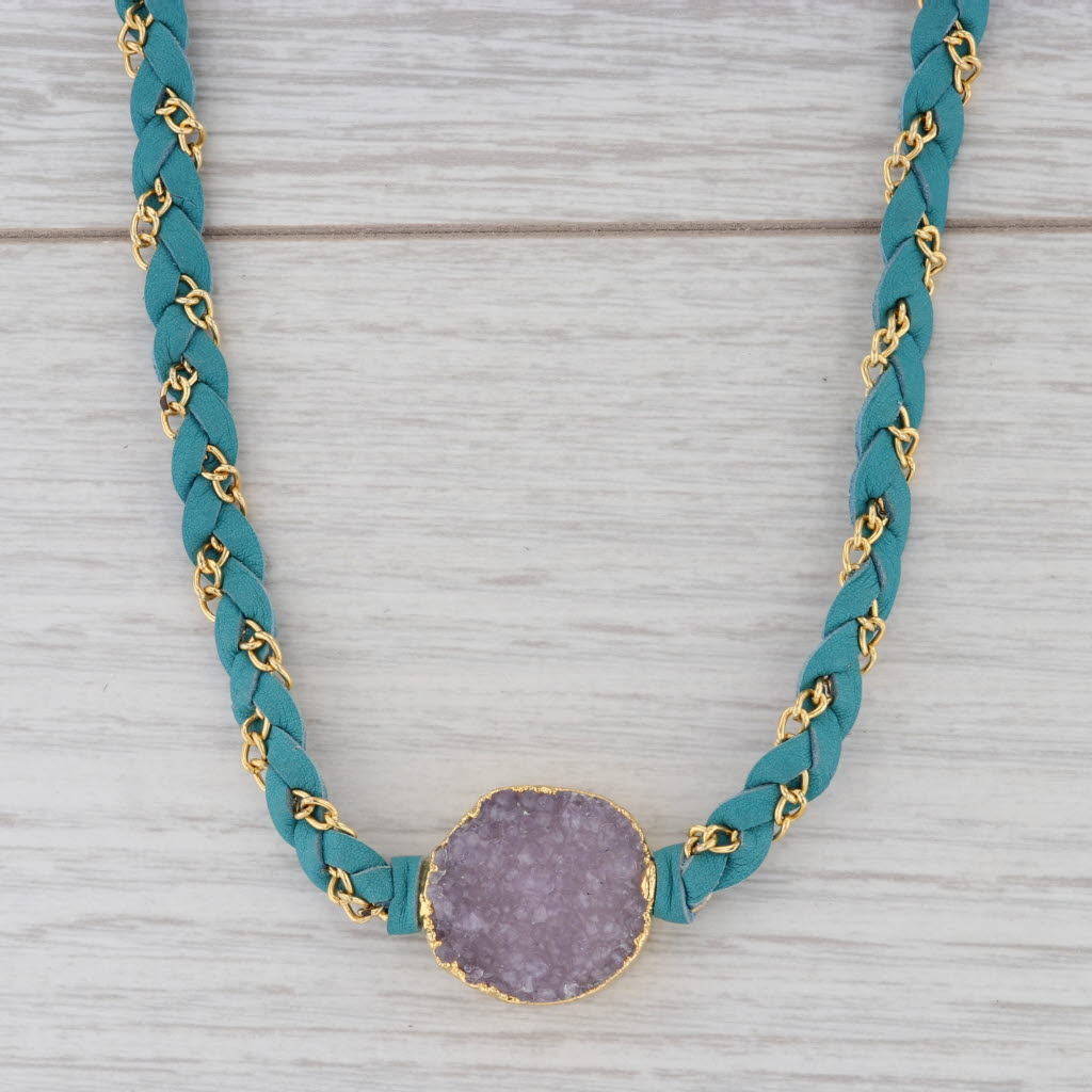 New Nina Wynn Cordelia Necklace Pink Druzy Quartz Pendant Teal Leather
