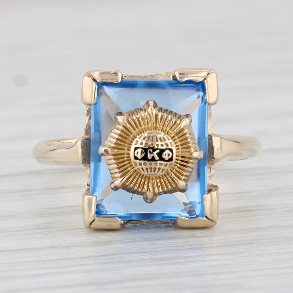 Light Gray Phi Kappa Phi Signet Ring 10k Gold Blue Glass Fraternity Honor Society Size 6