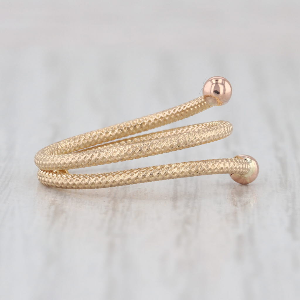 Coiled Bypass Ring 14k Yellow Gold Size 6.5 Bead Accented Etched Band