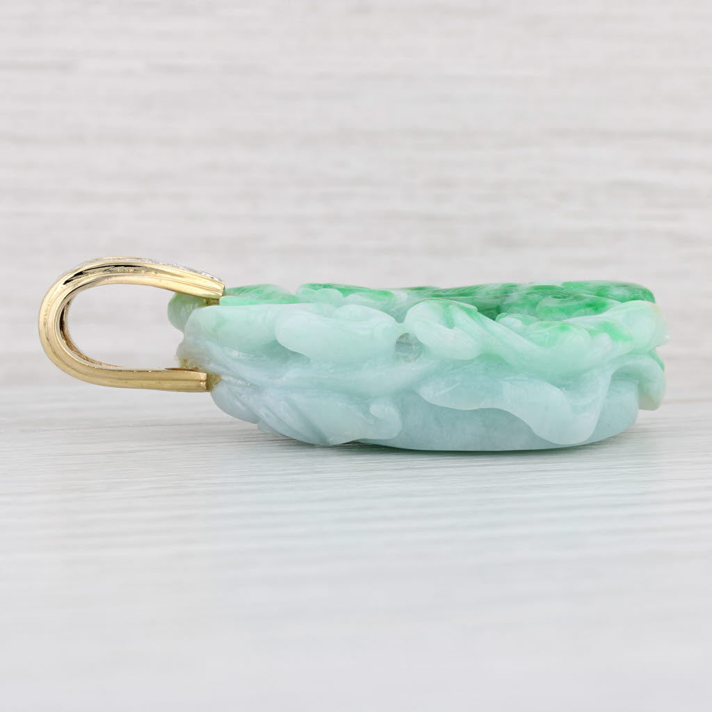 Light Gray Green Jadeite Jade Carved Animal Pendant 0.50ctw Diamond 18k Gold Statement