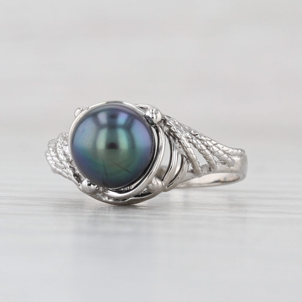 Cultured Black Pearl Solitaire Ring Silver Size 5 Openwork Band