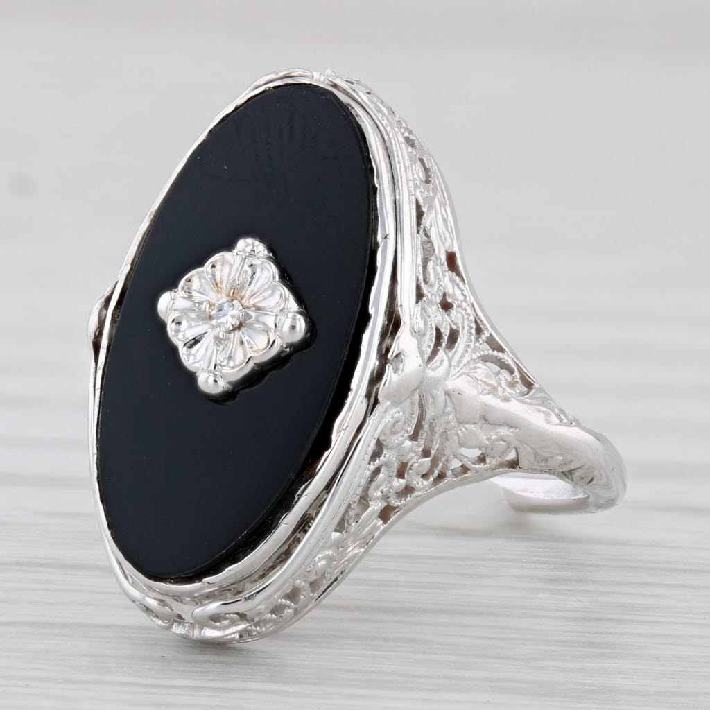 Light Gray Vintage Filigree Cameo Onyx Flip Ring 14k White Gold Size 6 Carved Shell Onyx