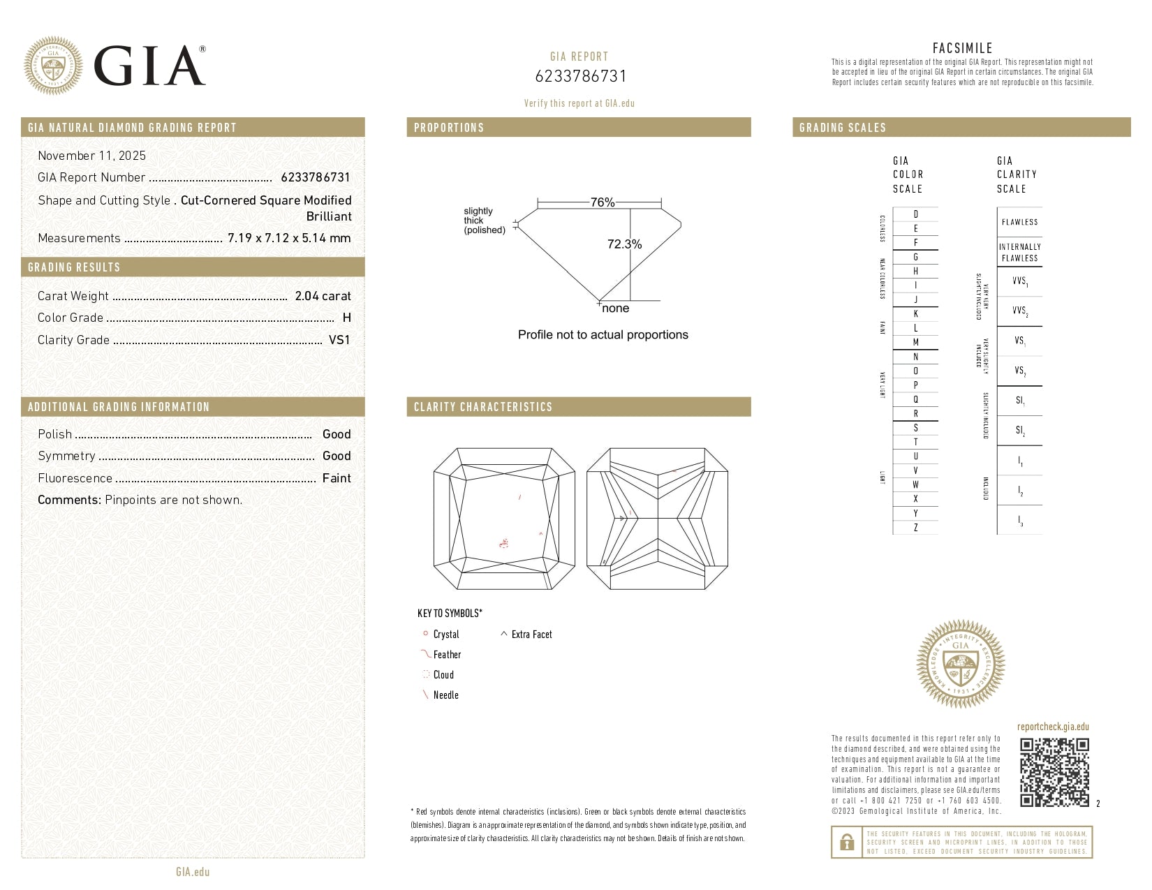 2.04ct Loose Diamond Solitaire H VS1 Square Brilliant Cut for Setting GIA Cert