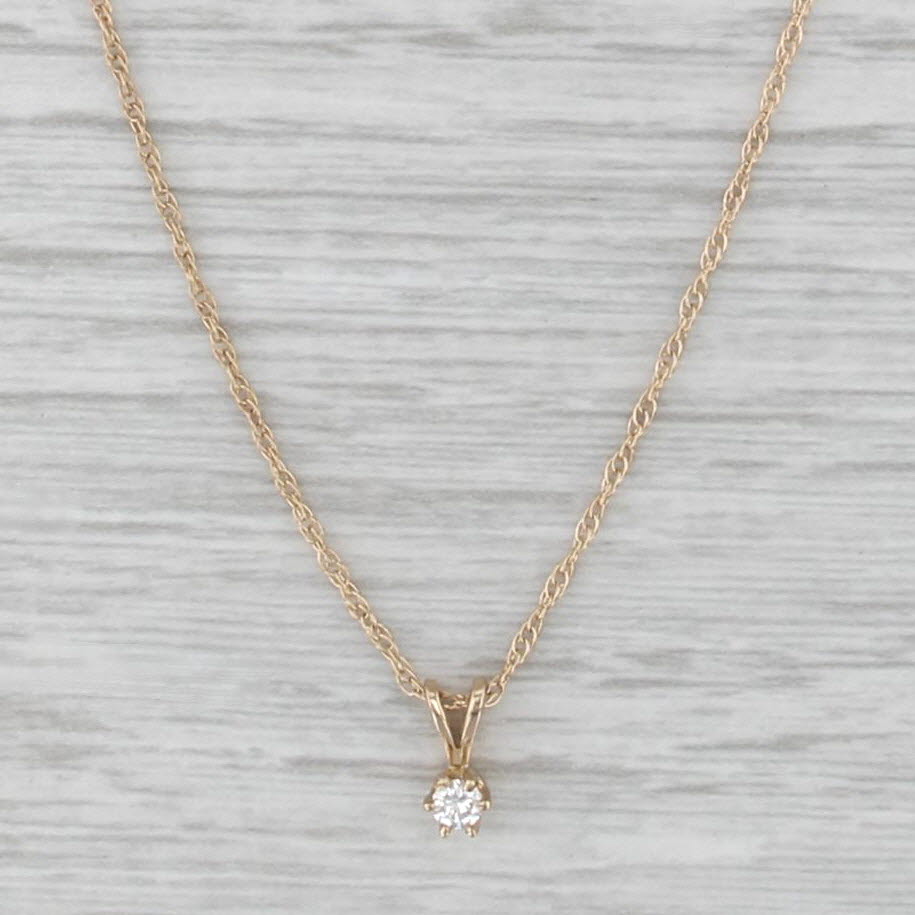 Small Round Diamond Solitaire Pendant Necklace 14k Yellow Gold 16.5" Rope Chain