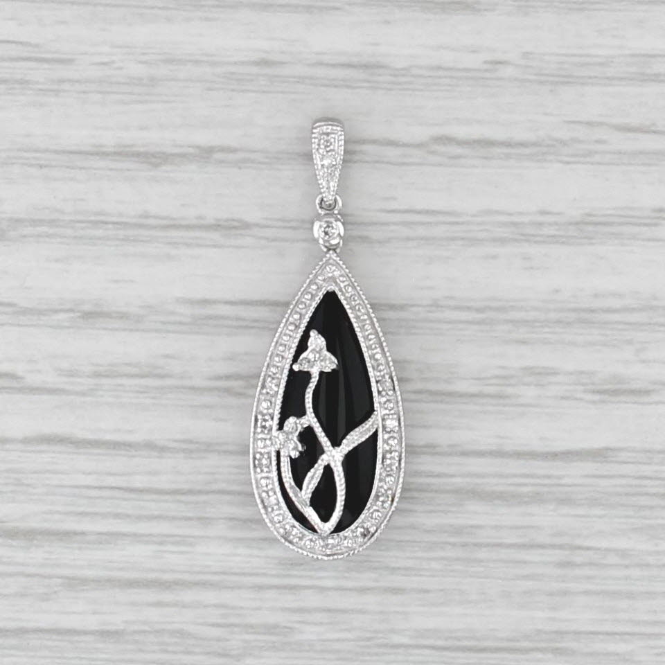 Onyx Diamond Floral Teardrop Pendant 10k White Gold Teardrop
