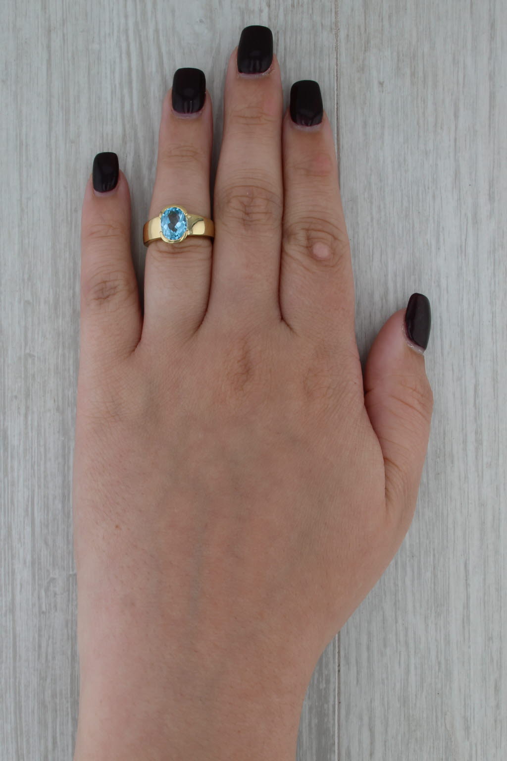2.30ct Oval Blue Topaz Solitaire Ring 18k Yellow Gold Size 5.5-5.75 Signed