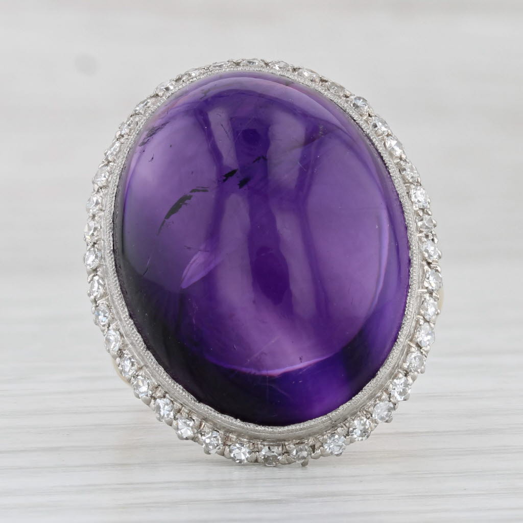 Light Gray Vintage Amethyst Cabochon Diamond Halo Cocktail Ring 14k Yellow Gold Platinum