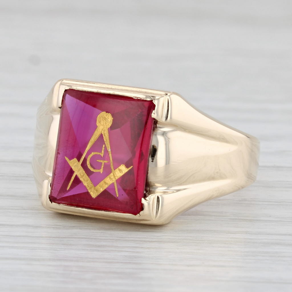 Light Gray Masonic Blue Lodge Signet Ring Lab Created Ruby 10k Gold Square Compass Sz 12.5