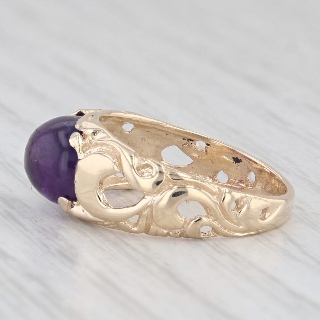 Light Gray Oval Cabochon Amethyst Solitaire Ring 14k Yellow Gold Size 7 Ornate Vine Work