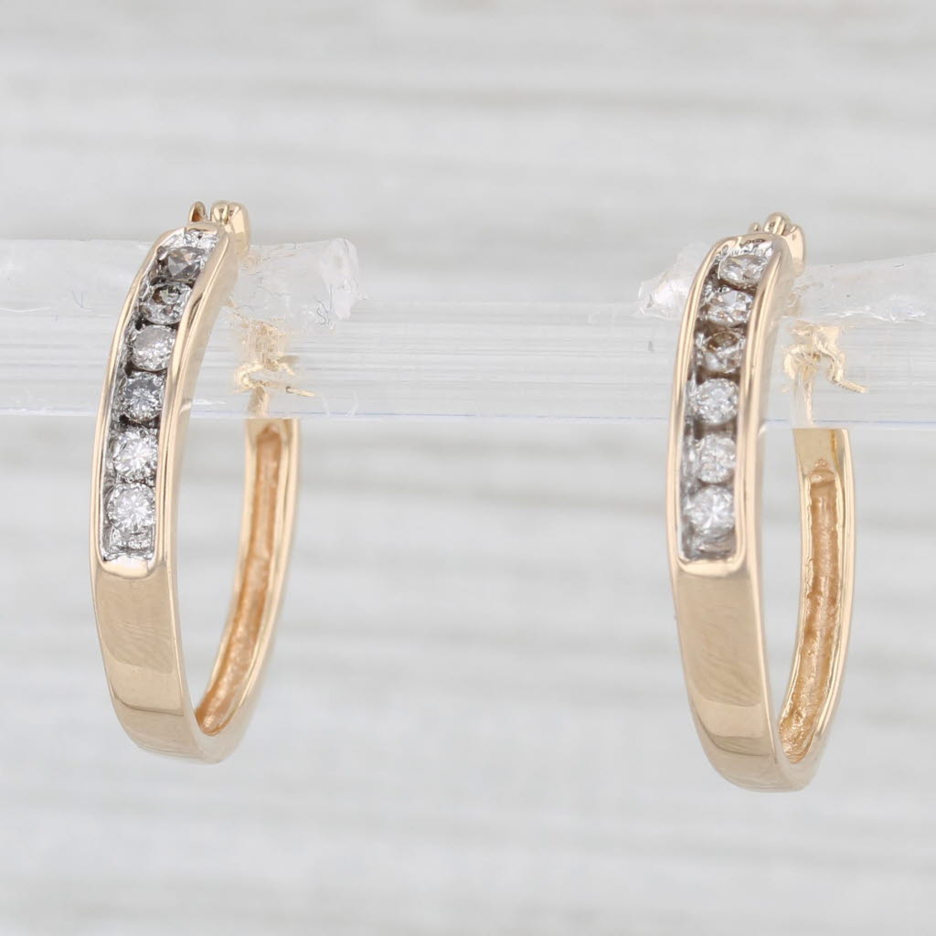 Light Gray 0.20ctw Diamond 14k Yellow Gold Channel Set Snap Top Round Hoop Earrings