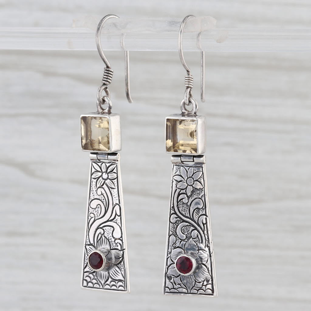 2.44ctw Citrine Garnet Floral Dangle Earrings Sterling Silver Hook Posts