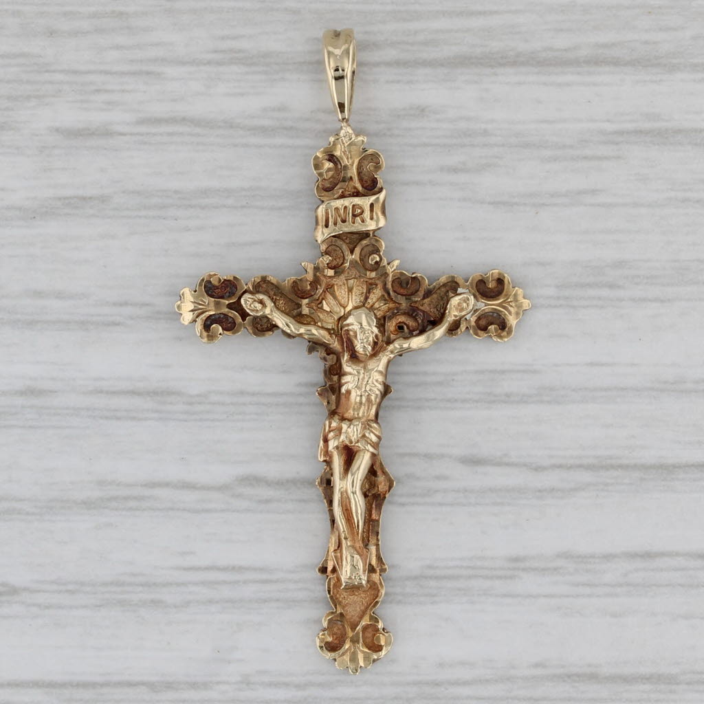 Gray Crucifix Cross Pendant 14k Yellow Gold Ornate Vintage Figural Religious Jewelry